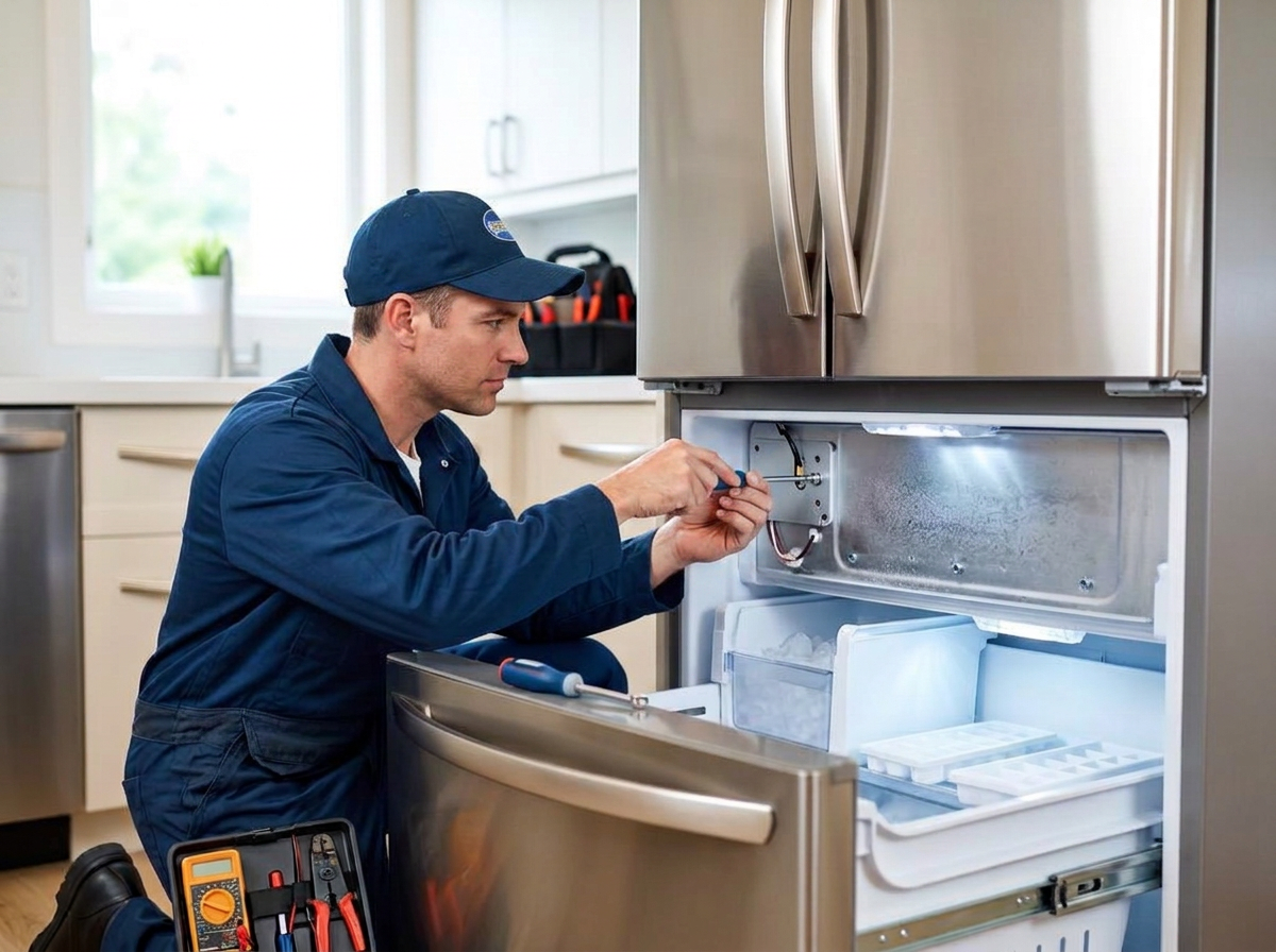 Appliance repair technician fixing the freezer compartment inside a stainless steel refrigerator in a suburban Atlanta kitchen
