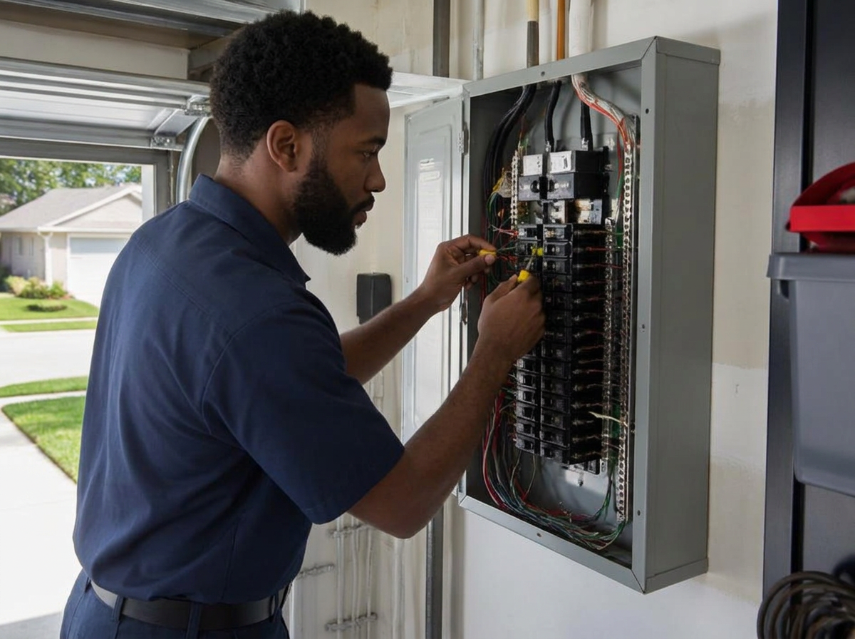 Licensed electrician working at a residential breaker panel in metro Atlanta