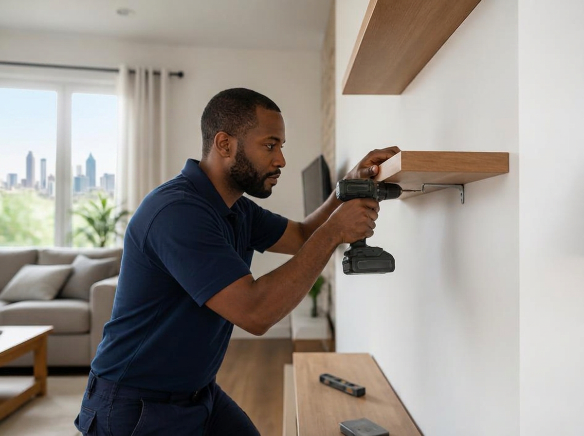 African American male handyman using a power drill to install wall shelves in an Atlanta-area living room