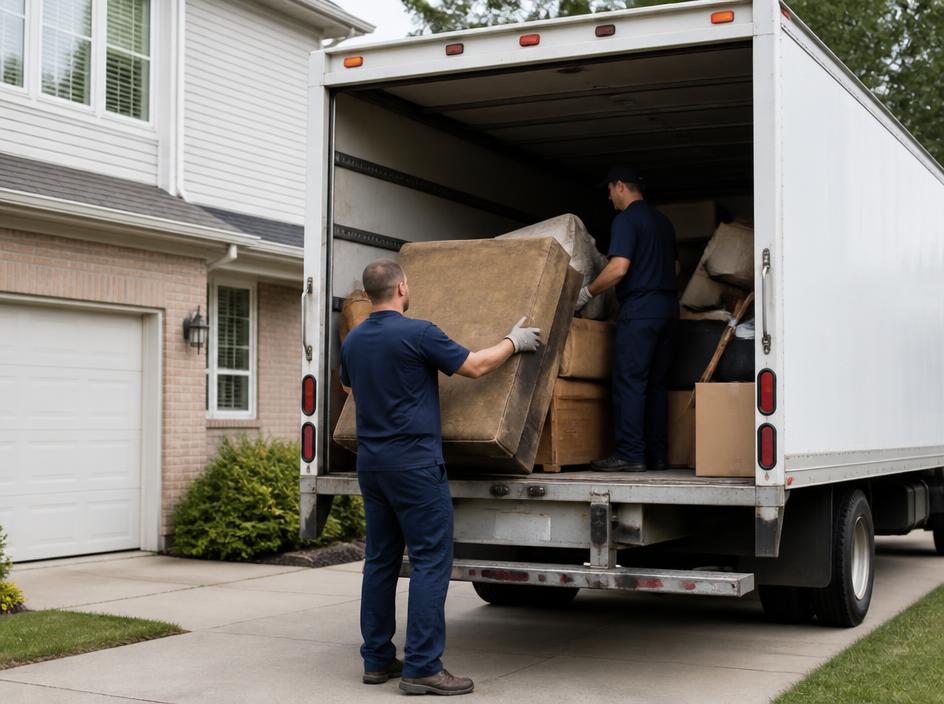 Crew loading household items into a junk removal truck at an Atlanta home