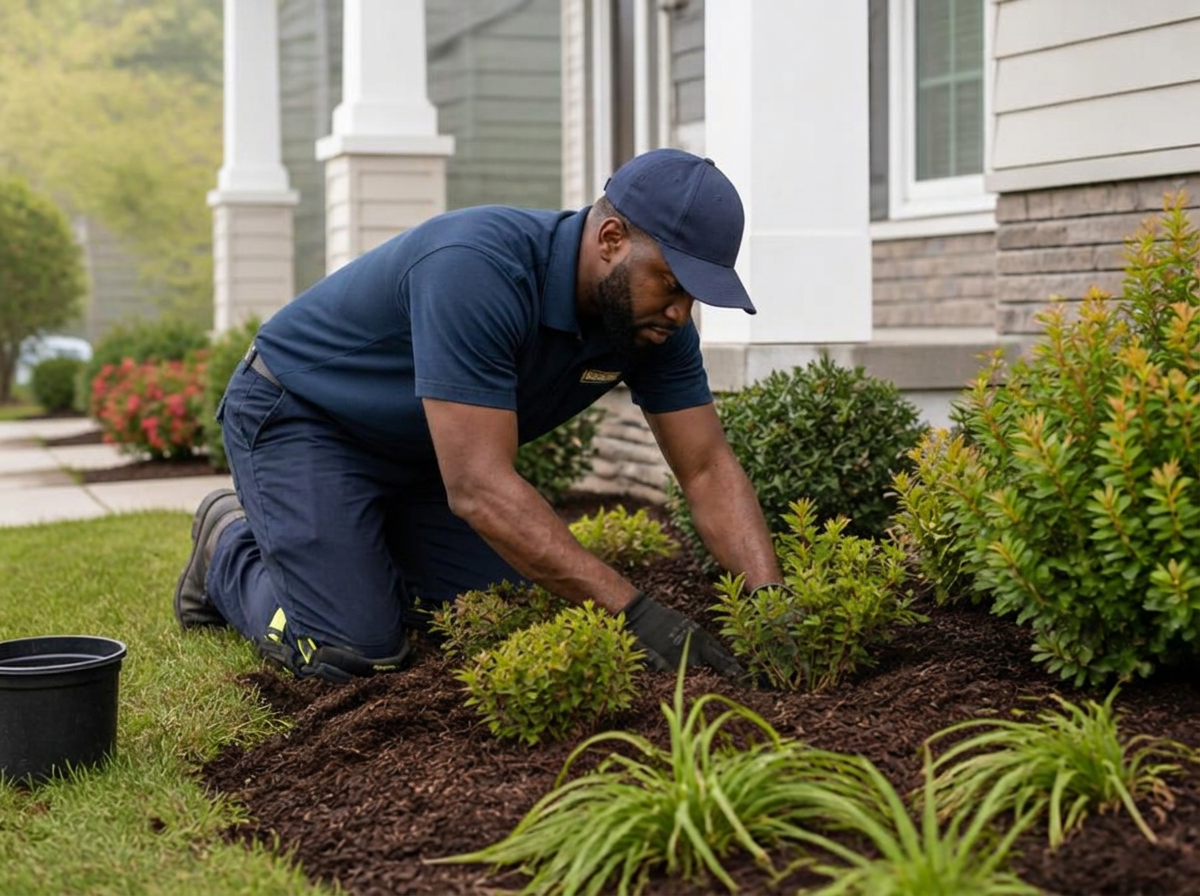 Landscaper planting shrubs in the front yard of a suburban Atlanta home