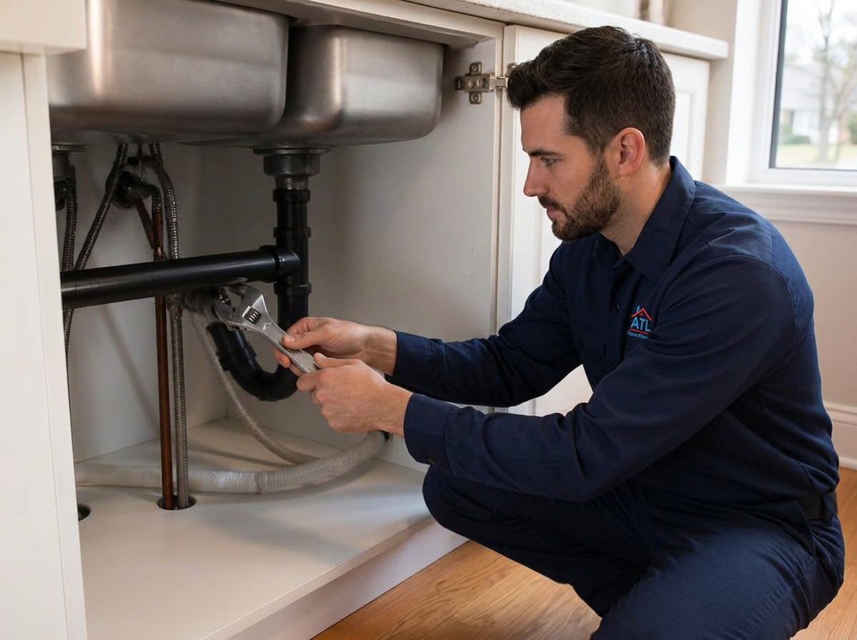 Male plumber repairing pipes under a kitchen sink in a metro Atlanta home